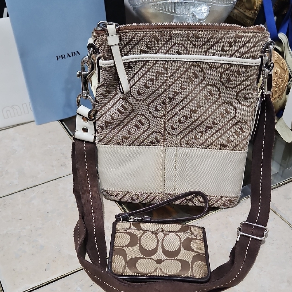 Coach Beige and Brown Signature Crossbody Bag with Card Case
